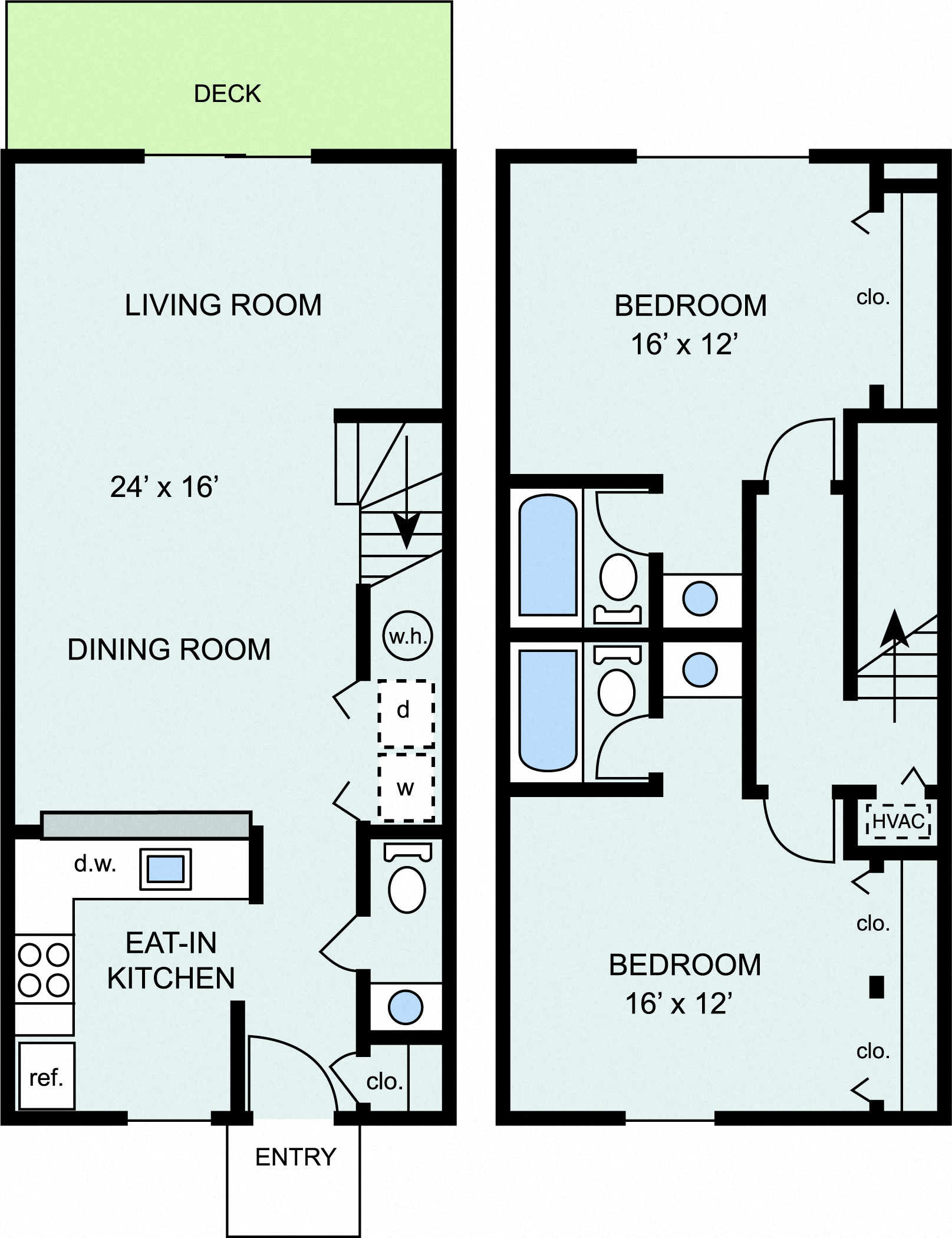 Floor plan for 2 beds, 2.5 baths, 1120 sqft